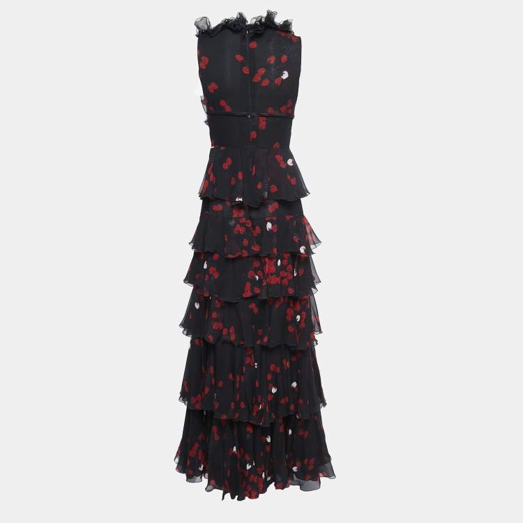 Pre Owned Giambattista Valli Black Strawberry Printed Silk Ruffle Detail Tiered Maxi Dress M