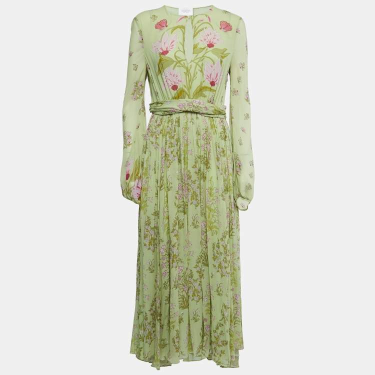 Pre Owned Giambattista Valli Light Green Floral Print Silk Long Sleeve Draped Gown M