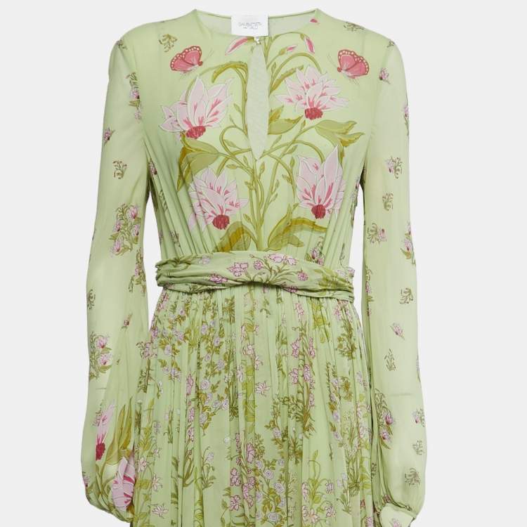 Pre Owned Giambattista Valli Light Green Floral Print Silk Long Sleeve Draped Gown M