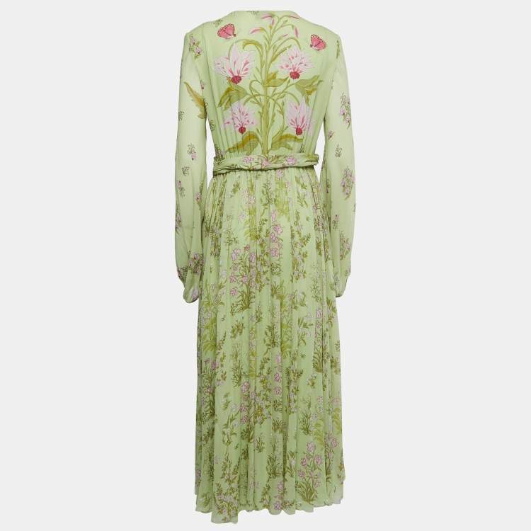 Pre Owned Giambattista Valli Light Green Floral Print Silk Long Sleeve Draped Gown M