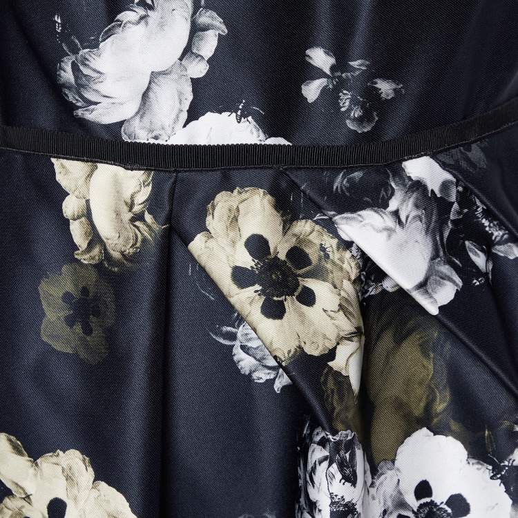 Pre Owned Giambattista Valli Black Floral Printed Satin Sleeveless Midi Dress L