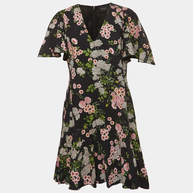 Pre Owned Giambattista Valli Black Floral Print Crepe V-Neck Flared Mini Dress L