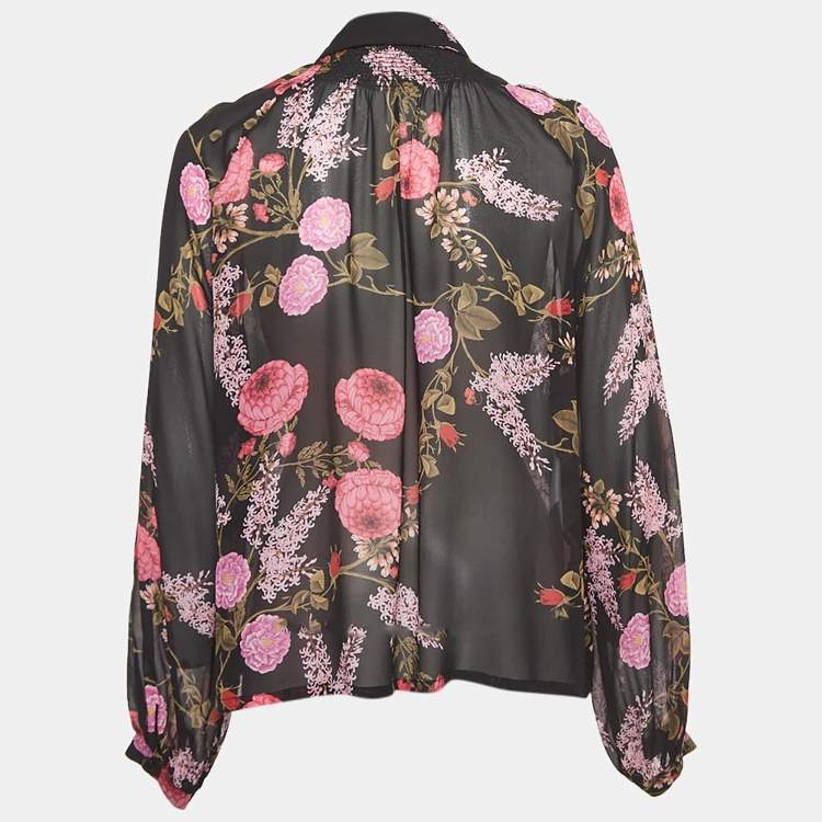 Pre Owned Giambattista Valli Black Floral Printed Chiffon Blouse M