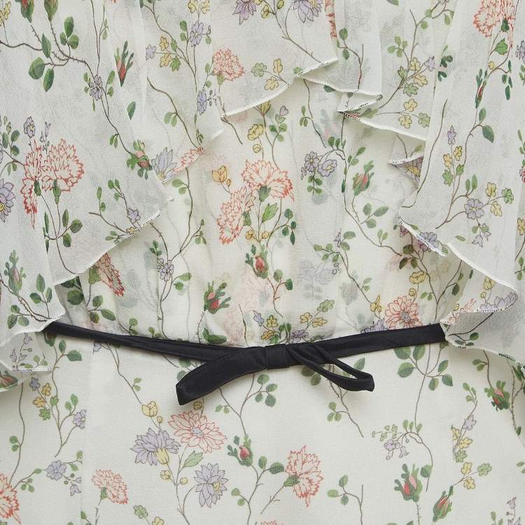 Pre Owned Giambattista Valli White Floral Print Silk Ruffled Mini Off-Shoulder Dress S