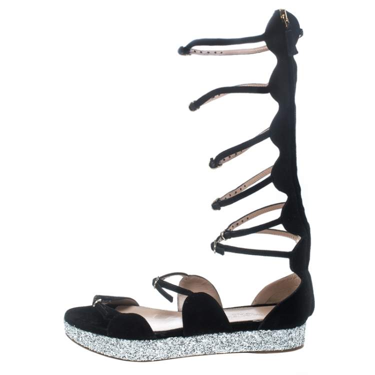 Pre Owned Giambattista Valli Black Suede Glitter Platform Flat Gladiator Sandals Size 38.5