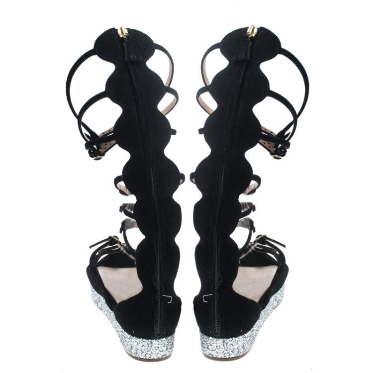 Pre Owned Giambattista Valli Black Suede Glitter Platform Flat Gladiator Sandals Size 38.5