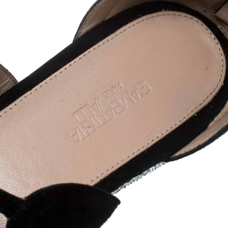 Pre Owned Giambattista Valli Black Suede Glitter Platform Flat Gladiator Sandals Size 38.5