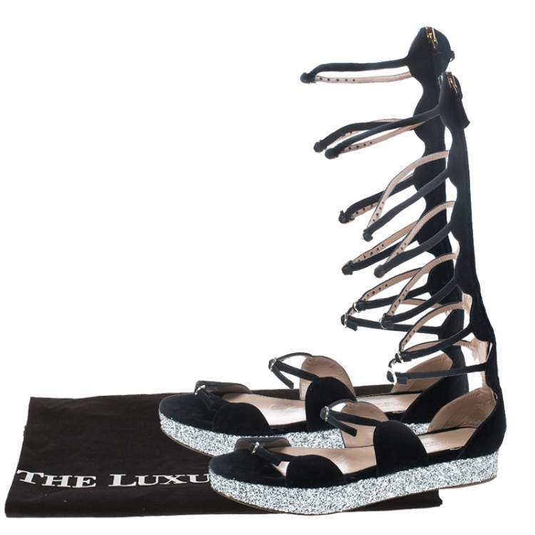 Pre Owned Giambattista Valli Black Suede Glitter Platform Flat Gladiator Sandals Size 38.5