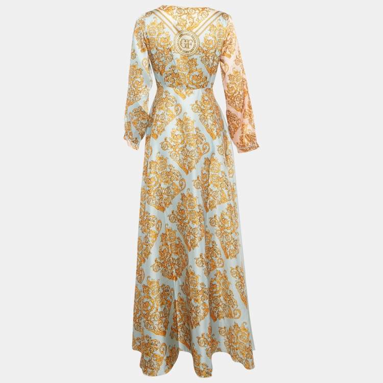 Pre Owned فستان جيانفرانكو فيري ملفوف كريب مطبع أزرق/أصفر صغير