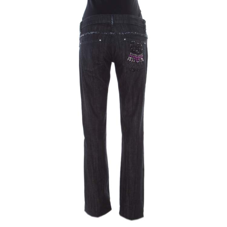 Pre Owned GF Ferre Black Dark Wash Crystal Owl Embellished Detail Straight Fit Jeans M