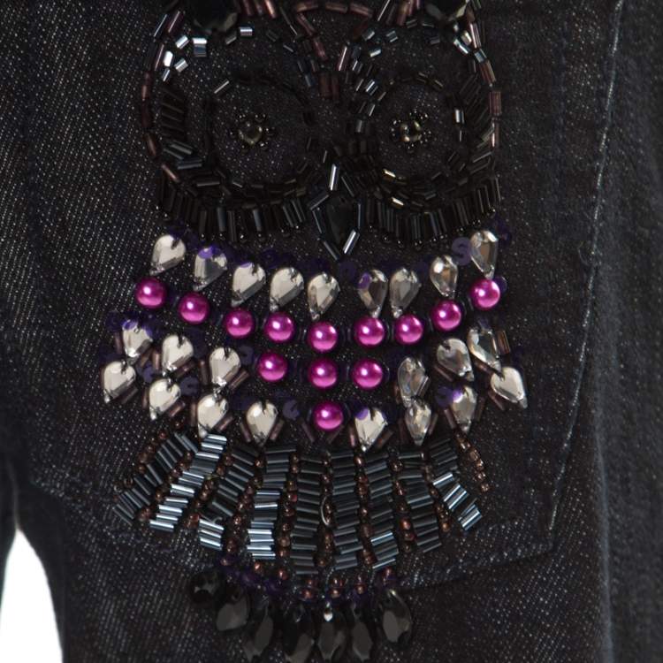 Pre Owned GF Ferre Black Dark Wash Crystal Owl Embellished Detail Straight Fit Jeans M
