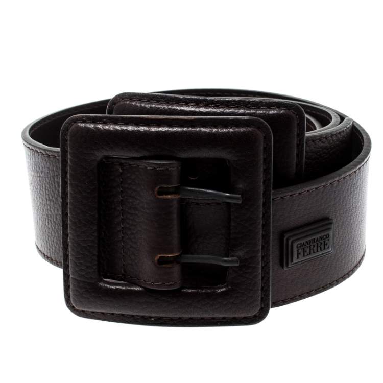 Pre Owned Gianfranco Ferre Dark Brown Leather Double Buckle Waist Belt 90CM