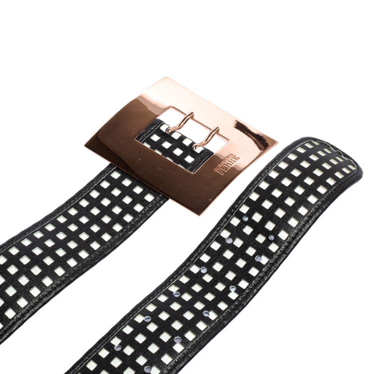Pre Owned Gianfranco Ferre Black/White Textured Leather Buckle Waist Belt 