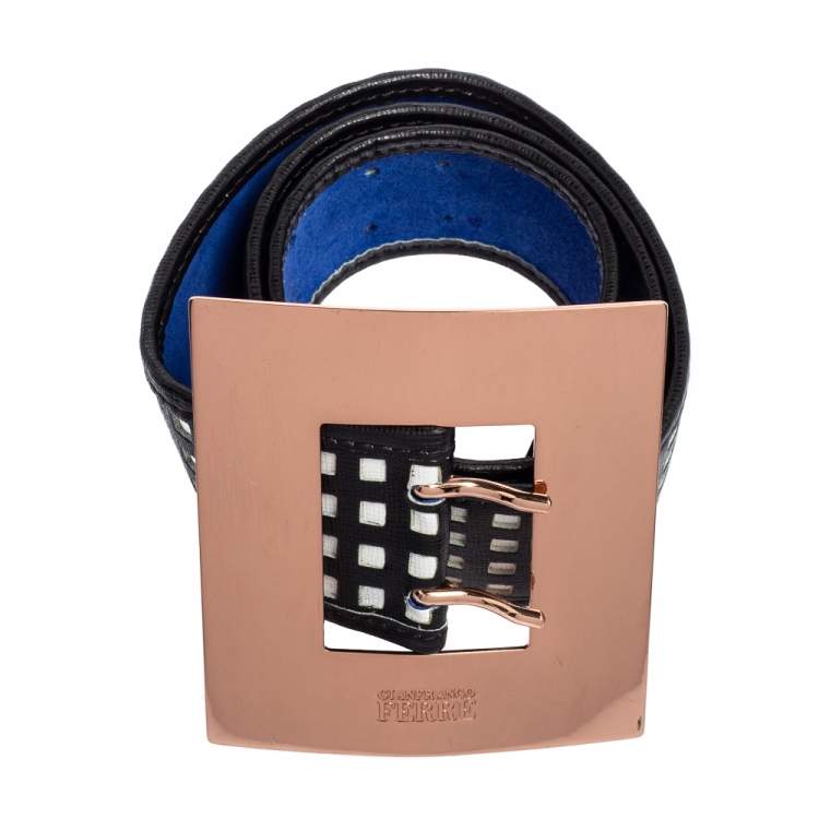 Pre Owned Gianfranco Ferre Black/White Textured Leather Buckle Waist Belt 