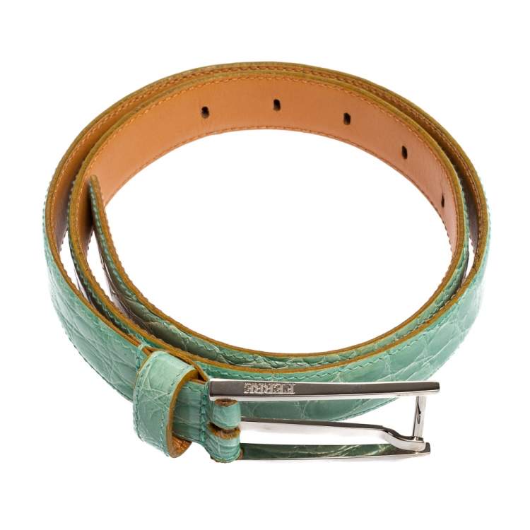 Pre Owned Gianfranco Ferre Mint Green Croc Embossed Leather Buckle Belt