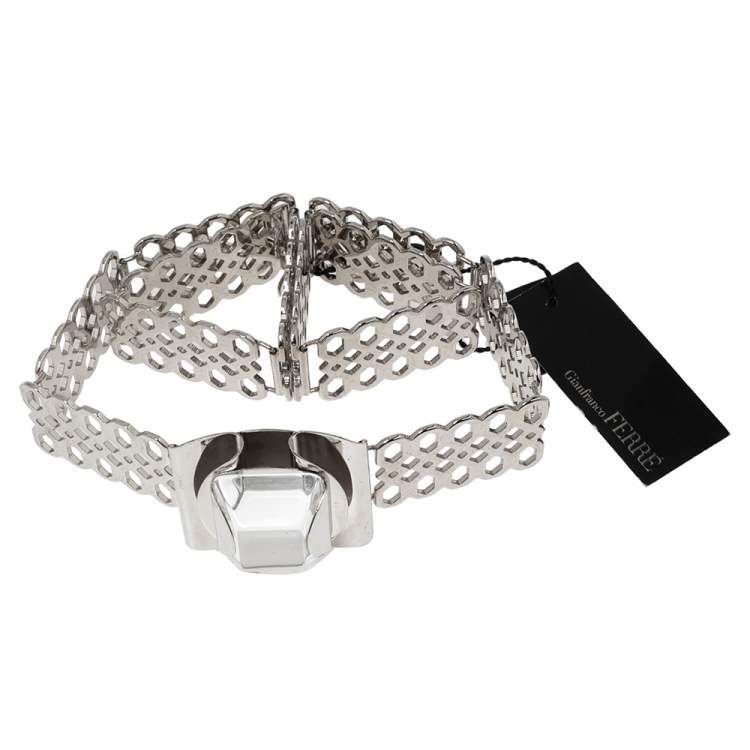 Pre Owned Gianfranco Ferre Silver Lasercut Metal Crystal Embellished Belt