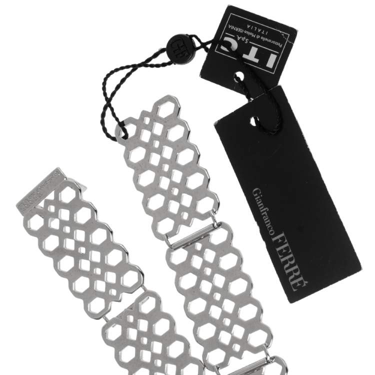 Pre Owned Gianfranco Ferre Silver Lasercut Metal Crystal Embellished Belt