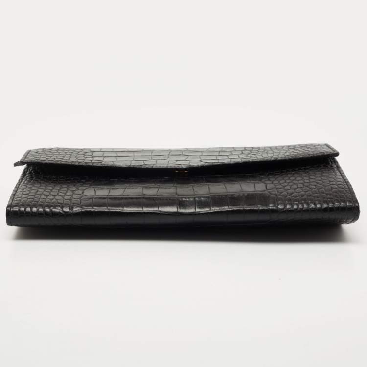 Pre Owned Gianfranco Ferre Black Croc Embossed Leather Envelope Flap Travel Organizer