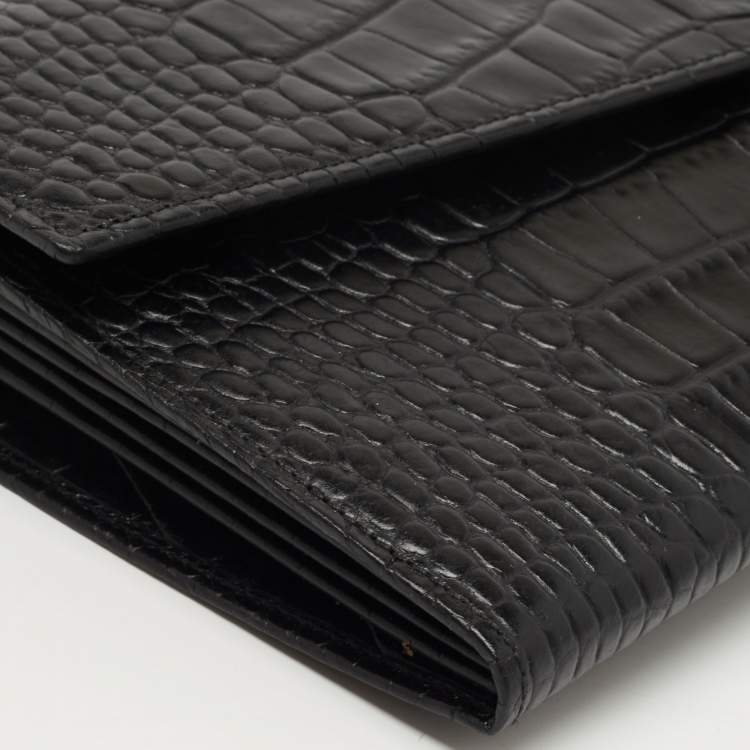 Pre Owned Gianfranco Ferre Black Croc Embossed Leather Envelope Flap Travel Organizer