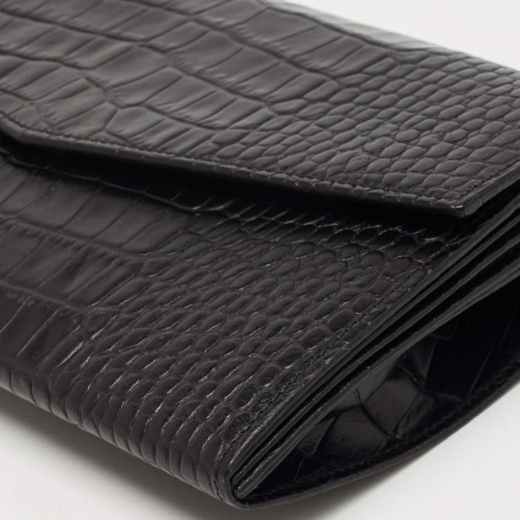 Pre Owned Gianfranco Ferre Black Croc Embossed Leather Envelope Flap Travel Organizer