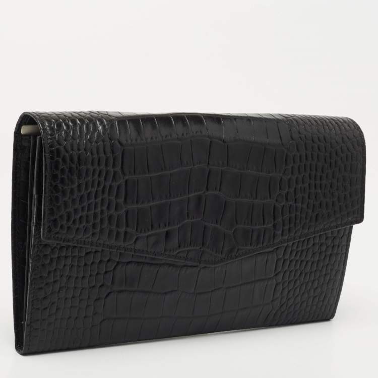 Pre Owned Gianfranco Ferre Black Croc Embossed Leather Envelope Flap Travel Organizer