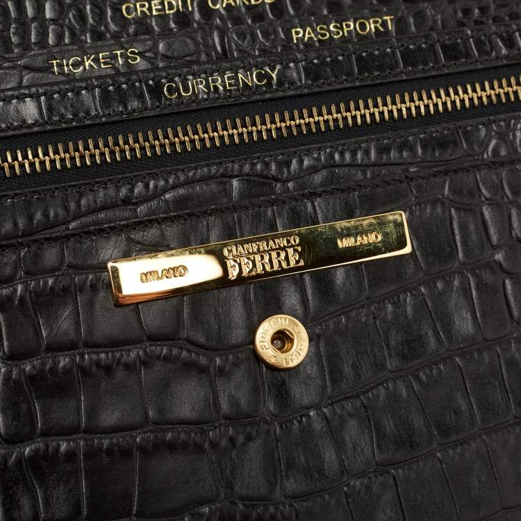 Pre Owned Gianfranco Ferre Black Croc Embossed Leather Envelope Flap Travel Organizer