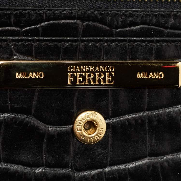 Pre Owned Gianfranco Ferre Black Croc Embossed Leather Envelope Flap Travel Organizer