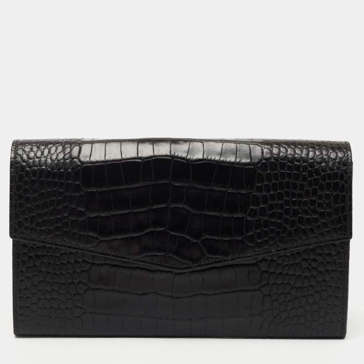 Pre Owned Gianfranco Ferre Black Croc Embossed Leather Envelope Flap Travel Organizer