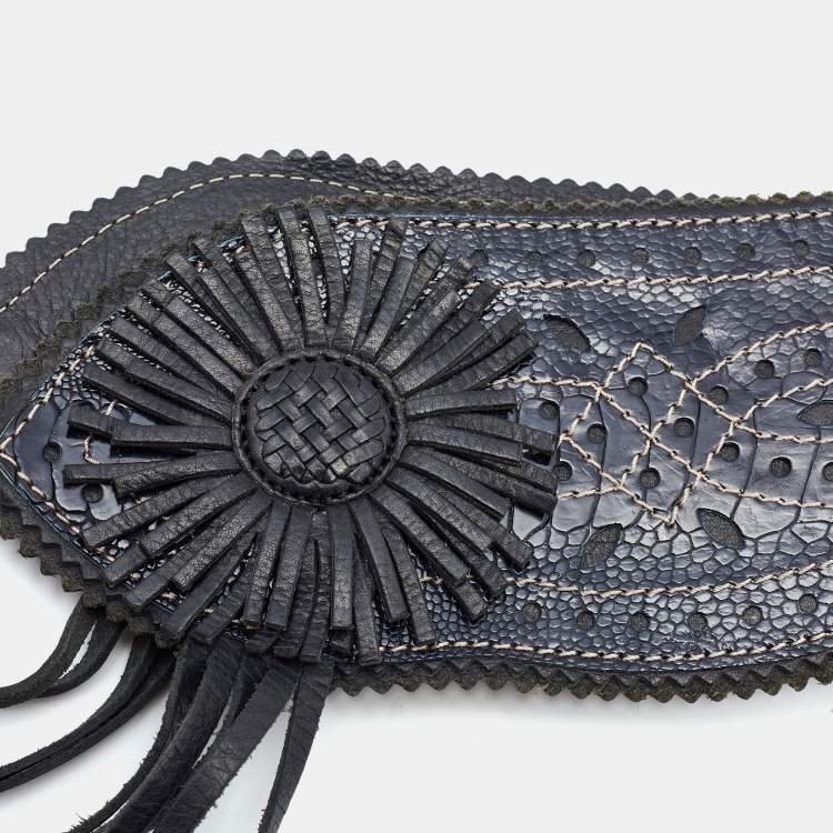 Pre Owned Gianfranco Ferre Navy Blue/Black Lasercut Leather and Ostrich Leg Fringe Corset Belt
