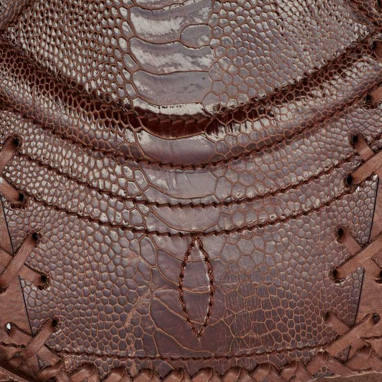 Pre Owned Gianfranco Ferre Brown Leather and Ostrich Braided Tassel Corset 