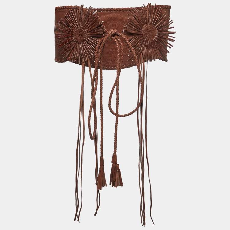 Pre Owned Gianfranco Ferre Brown Leather and Ostrich Braided Tassel Corset 