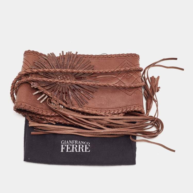 Pre Owned Gianfranco Ferre Brown Leather and Ostrich Braided Tassel Corset 