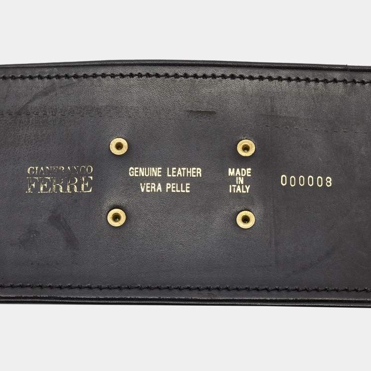 Pre Owned Gianfranco Ferre Black Leather and Lizard Logo Plague Wrap Belt 
