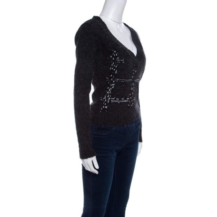 Pre Owned GF Ferre Grey Fuzzy Ribbed Trim V-Neck Embellished Sweater S
