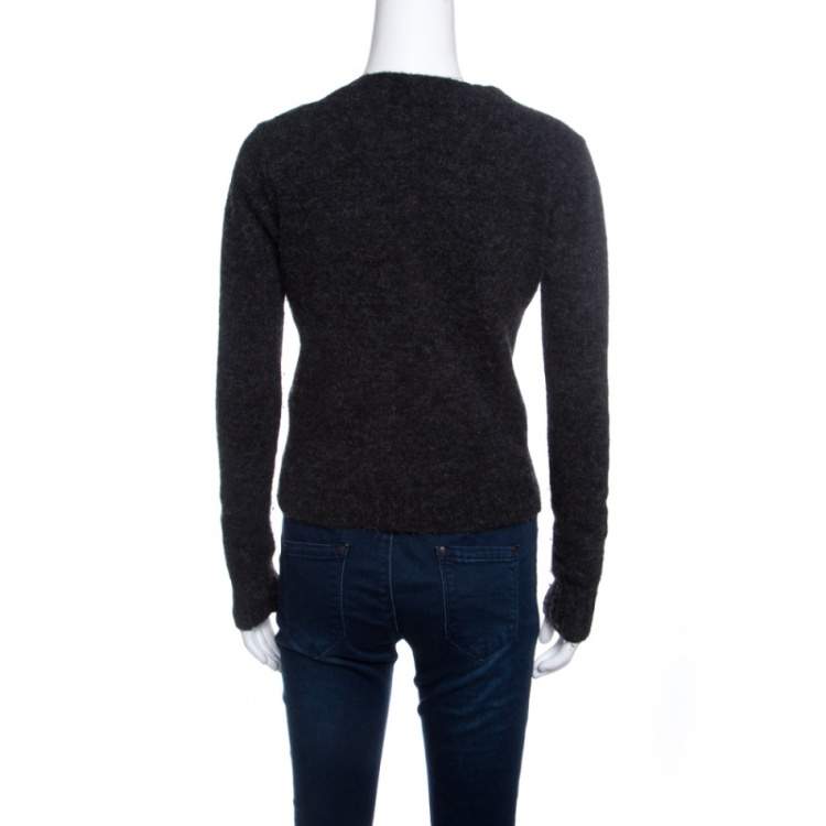 Pre Owned GF Ferre Grey Fuzzy Ribbed Trim V-Neck Embellished Sweater S
