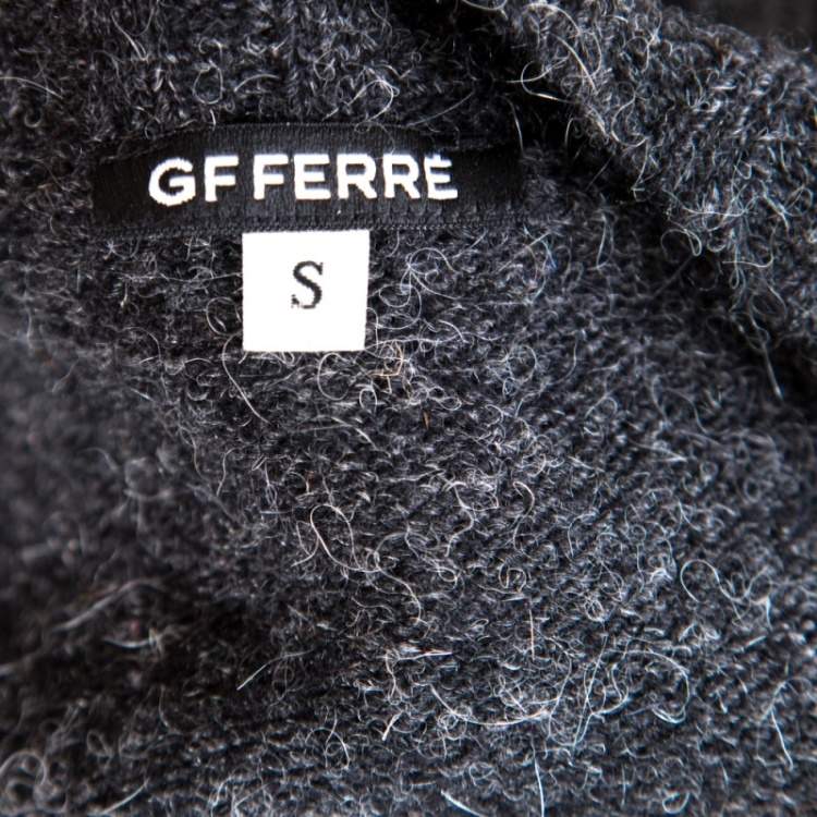 Pre Owned GF Ferre Grey Fuzzy Ribbed Trim V-Neck Embellished Sweater S