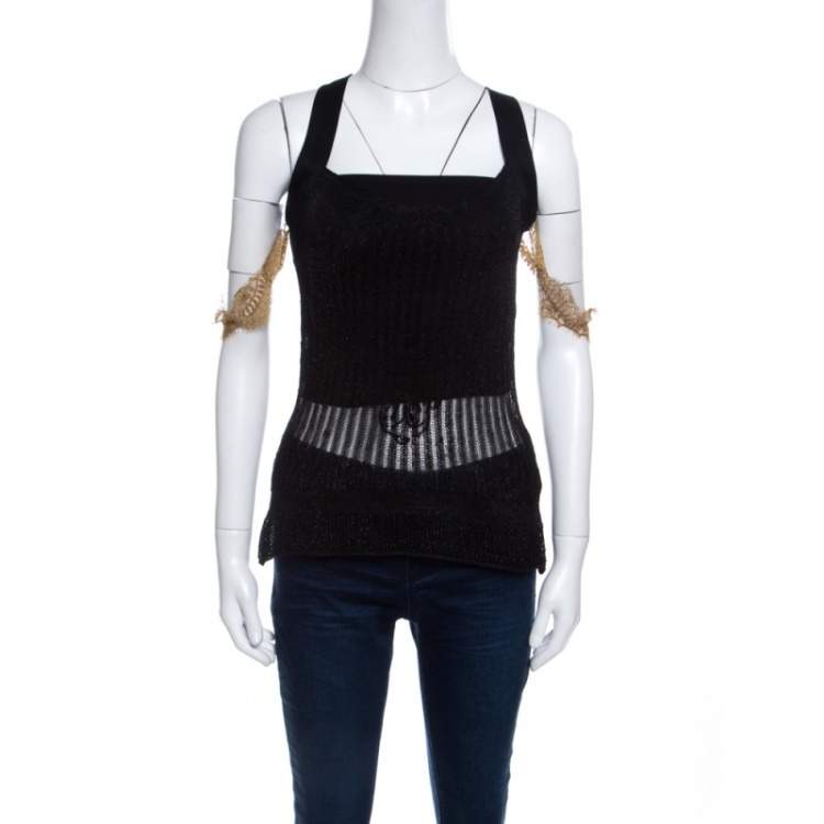Pre Owned GF Ferre Metallic Black Scallop Lace Strap Detail Perforated Knit Top S
