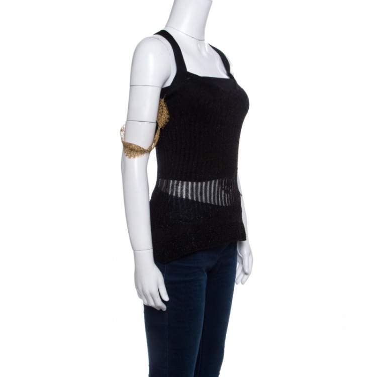 Pre Owned GF Ferre Metallic Black Scallop Lace Strap Detail Perforated Knit Top S