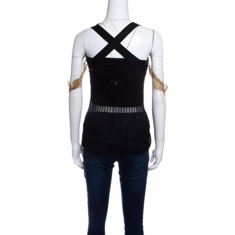 Pre Owned GF Ferre Metallic Black Scallop Lace Strap Detail Perforated Knit Top S