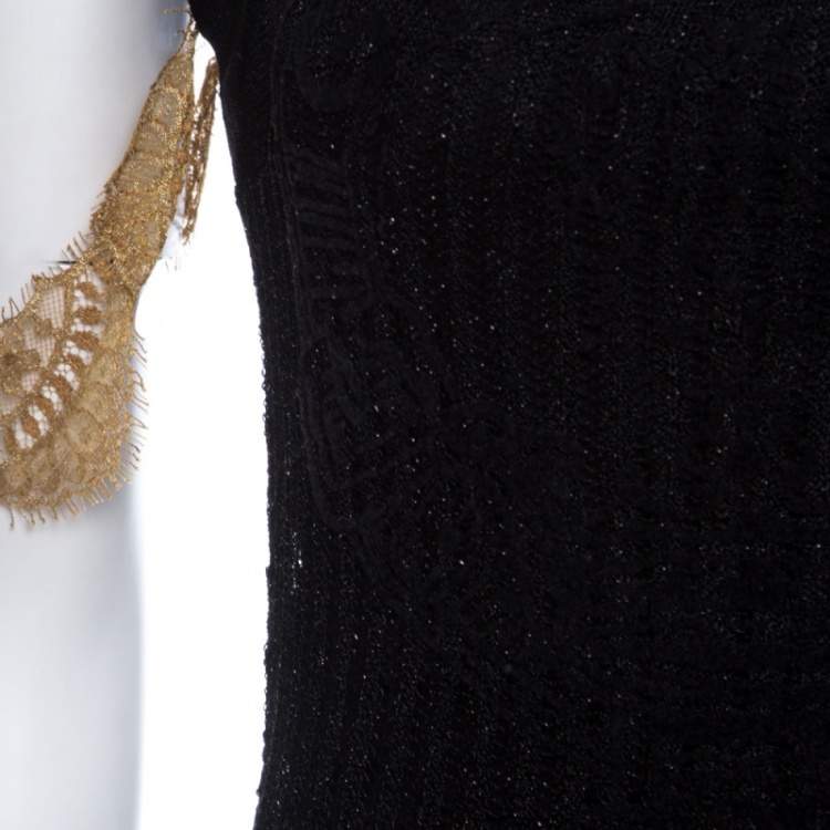 Pre Owned GF Ferre Metallic Black Scallop Lace Strap Detail Perforated Knit Top S