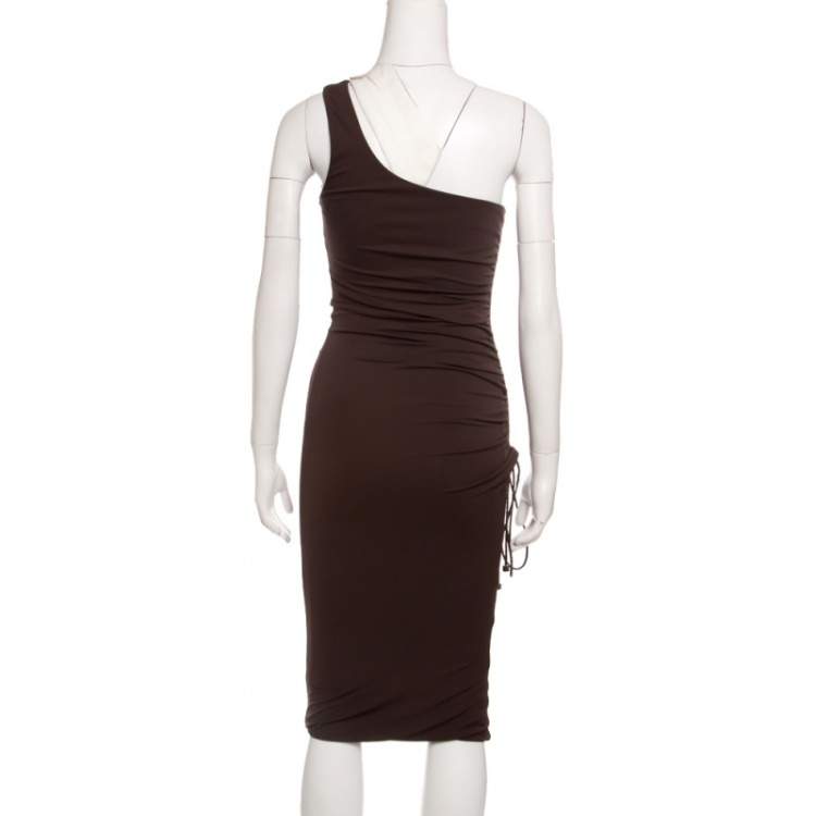 Pre Owned Gianfranco Ferre Brown Ruched Tie Detail One Shoulder Dress S