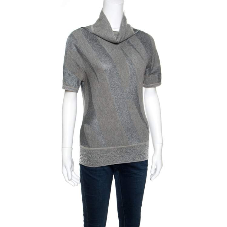 Pre Owned Gianfranco Ferre Metallic Patterned Jacquard Knit Short Sleeve Top M