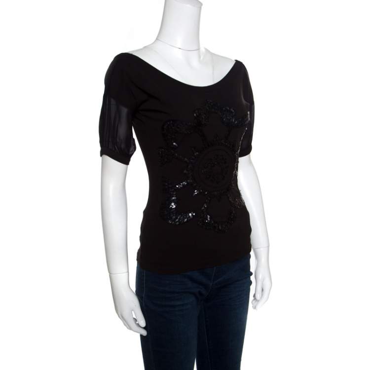 Pre Owned GF Ferre Black Sequin Embellished Plunge Back Neck Top XXS