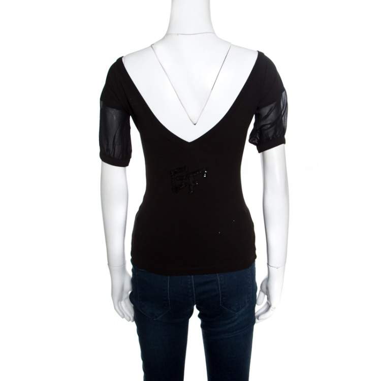 Pre Owned GF Ferre Black Sequin Embellished Plunge Back Neck Top XXS