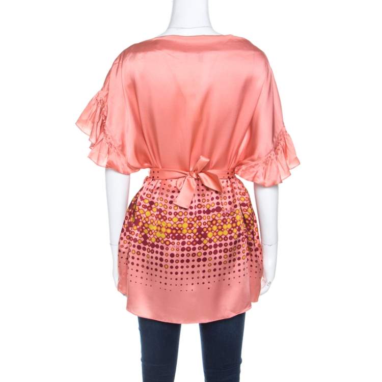 Pre Owned Gianfranco Ferre Peach Printed Silk Ruffle Sleeve Belted Blouse M