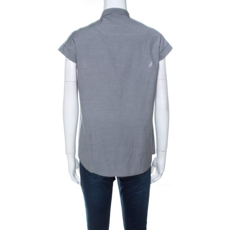 Pre Owned GF Ferre Grey Cotton Gingham Checked Bow Detail Blouse XS 