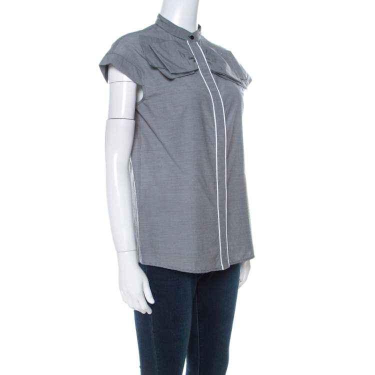 Pre Owned GF Ferre Grey Cotton Gingham Checked Bow Detail Blouse XS 