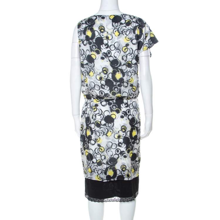 Pre Owned GF Ferre Multicolor circle Print Silk Lace Detail Asymmetric Shoulder Dress L