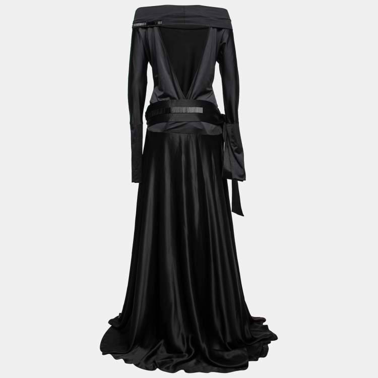 Pre Owned Gianfranco Ferre Black Jersey & Silk Cut-Out Back Belted Dress M