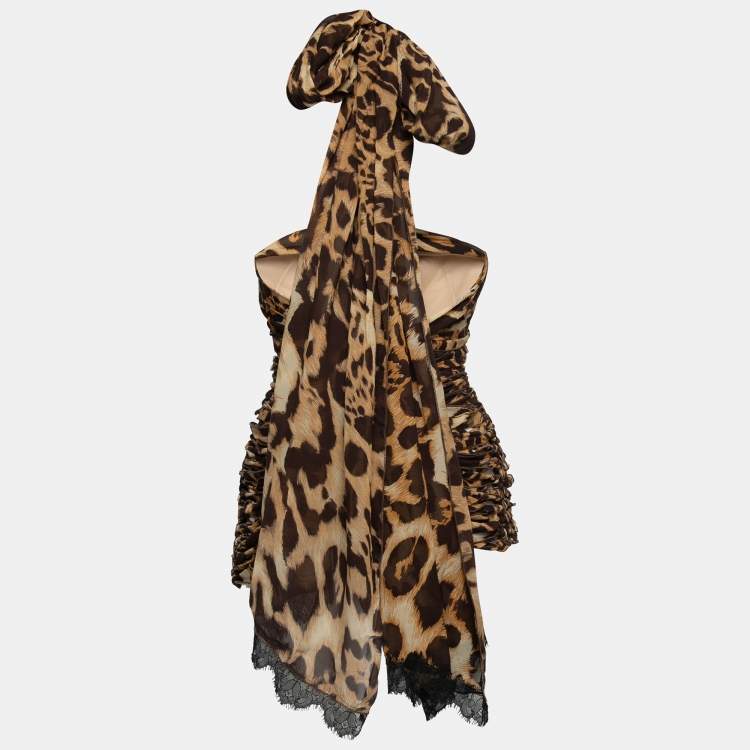 Pre Owned Gianfranco Ferre Animal Print Silk Tie Detail Cut-Out Strapless Top L
